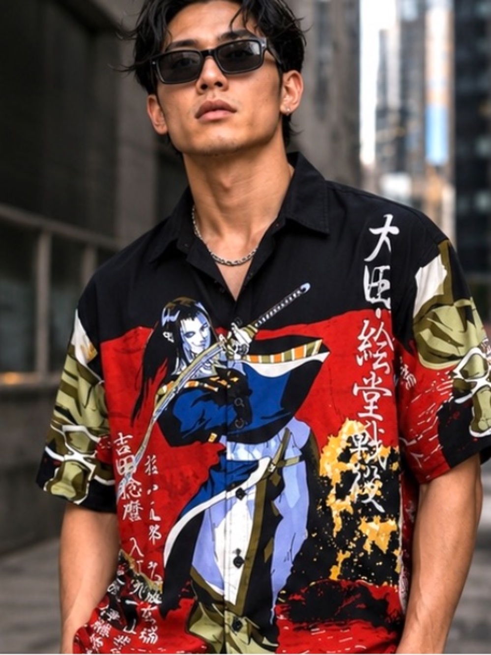 VTG Y2K DTEK Sport Samurai Anime All-Over Print Button Down Shirt XXL